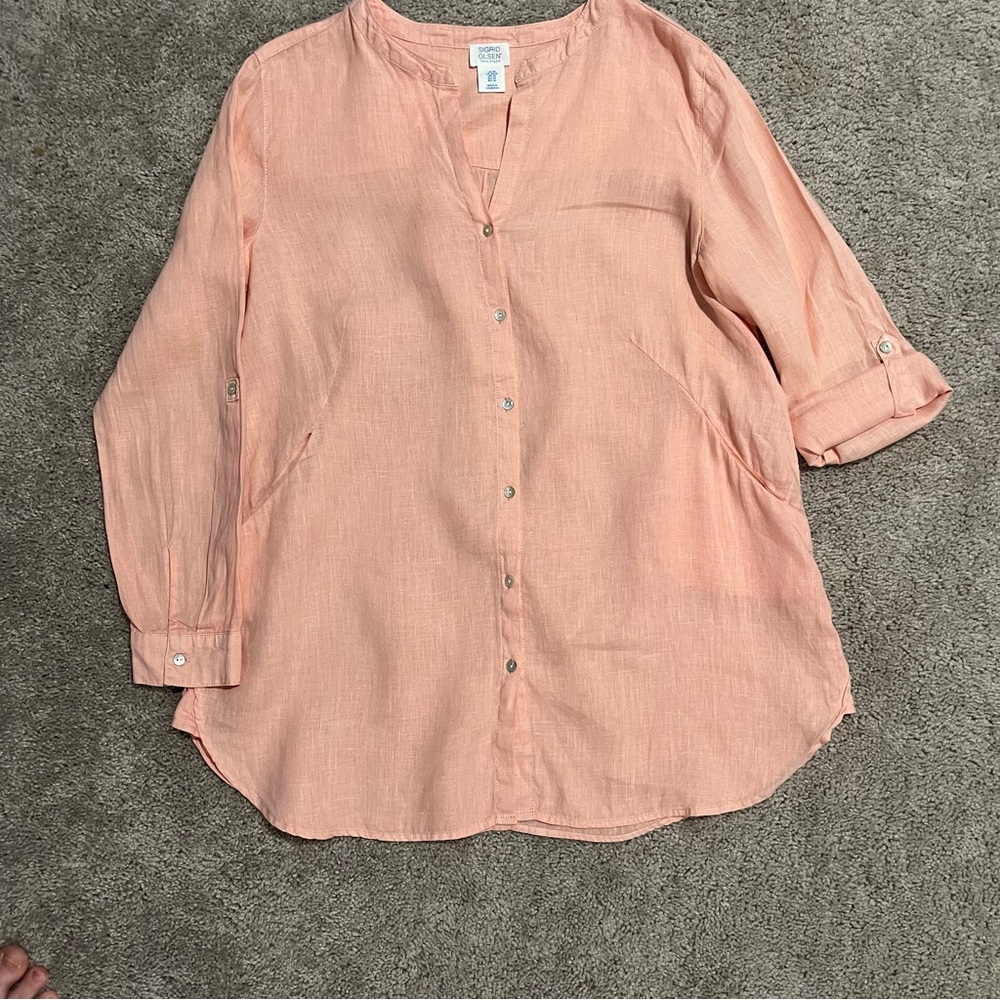 Sigrid Olsen Womens Linen Roll Tab Sleeve Button Up Pockets Coastal Cottage  M